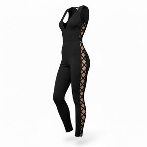 Bebe Black Lace-Up Side Jumpsuit Bodycon Plunge XXS XS